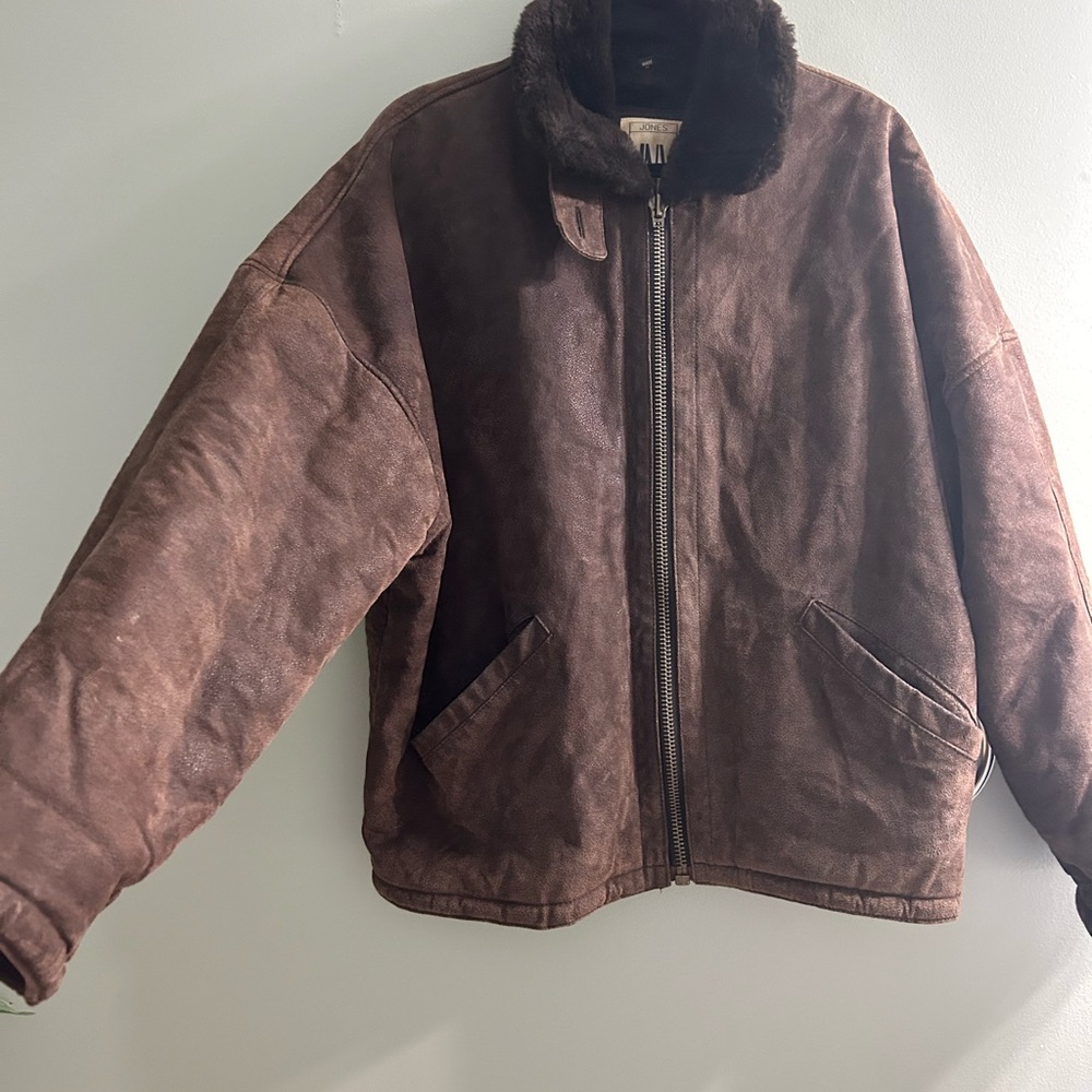 Vintage jones New York leather bomber pilot fur lined jacket brown
